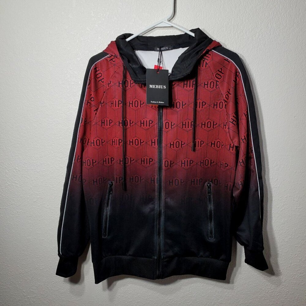 Mebius Men's Hip Hop Hoodie Jacket Size M Ombre Red & Black Full Zip NWT